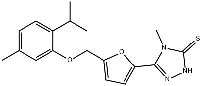 4-methyl-3-[5-[(5-methyl-2-propan-2-ylphenoxy)methyl]furan-2-yl]-1H-1,2,4-triazole-5-thione Struktur