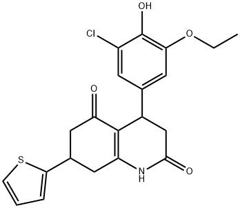 4-(3-chloro-5-ethoxy-4-hydroxyphenyl)-7-thiophen-2-yl-1,3,4,6,7,8-hexahydroquinoline-2,5-dione Struktur