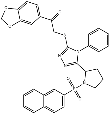 1-(1,3-benzodioxol-5-yl)-2-[[5-(1-naphthalen-2-ylsulfonylpyrrolidin-2-yl)-4-phenyl-1,2,4-triazol-3-yl]sulfanyl]ethanone Struktur