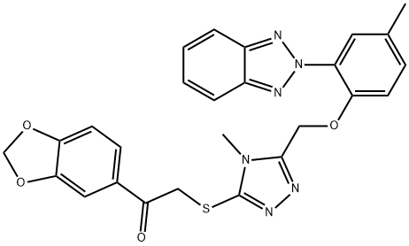 1-(1,3-benzodioxol-5-yl)-2-[[5-[[2-(benzotriazol-2-yl)-4-methylphenoxy]methyl]-4-methyl-1,2,4-triazol-3-yl]sulfanyl]ethanone Struktur