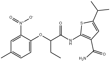 2-[2-(4-methyl-2-nitrophenoxy)butanoylamino]-5-propan-2-ylthiophene-3-carboxamide Struktur