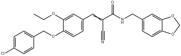 (Z)-N-(1,3-benzodioxol-5-ylmethyl)-3-[4-[(4-chlorophenyl)methoxy]-3-ethoxyphenyl]-2-cyanoprop-2-enamide Struktur