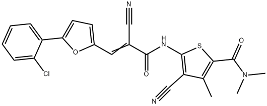 5-[[(E)-3-[5-(2-chlorophenyl)furan-2-yl]-2-cyanoprop-2-enoyl]amino]-4-cyano-N,N,3-trimethylthiophene-2-carboxamide Struktur