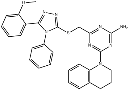 4-(3,4-dihydro-2H-quinolin-1-yl)-6-[[5-(2-methoxyphenyl)-4-phenyl-1,2,4-triazol-3-yl]sulfanylmethyl]-1,3,5-triazin-2-amine Struktur