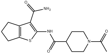 1-acetyl-N-(3-carbamoyl-5,6-dihydro-4H-cyclopenta[b]thiophen-2-yl)piperidine-4-carboxamide Struktur