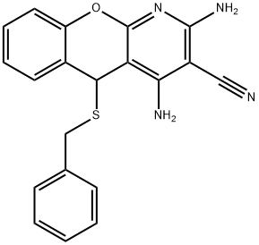 2,4-diamino-5-benzylsulfanyl-5H-chromeno[2,3-b]pyridine-3-carbonitrile Struktur