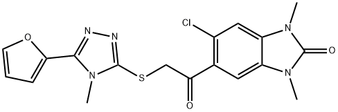 5-chloro-6-[2-[[5-(furan-2-yl)-4-methyl-1,2,4-triazol-3-yl]sulfanyl]acetyl]-1,3-dimethylbenzimidazol-2-one Struktur