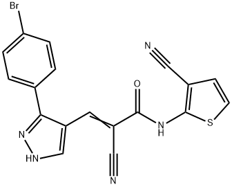 (Z)-3-[5-(4-bromophenyl)-1H-pyrazol-4-yl]-2-cyano-N-(3-cyanothiophen-2-yl)prop-2-enamide Struktur