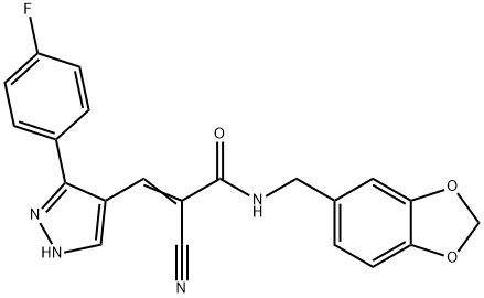 (E)-N-(1,3-benzodioxol-5-ylmethyl)-2-cyano-3-[5-(4-fluorophenyl)-1H-pyrazol-4-yl]prop-2-enamide Struktur