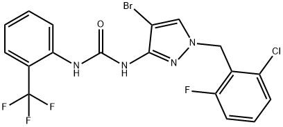 1-[4-bromo-1-[(2-chloro-6-fluorophenyl)methyl]pyrazol-3-yl]-3-[2-(trifluoromethyl)phenyl]urea Struktur