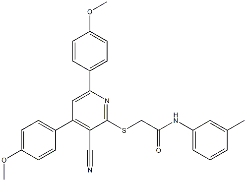 2-[3-cyano-4,6-bis(4-methoxyphenyl)pyridin-2-yl]sulfanyl-N-(3-methylphenyl)acetamide Struktur