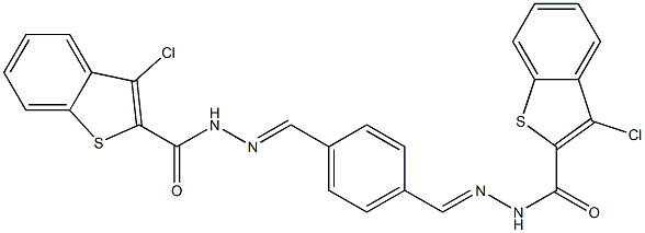 3-chloro-N-[(E)-[4-[(E)-[(3-chloro-1-benzothiophene-2-carbonyl)hydrazinylidene]methyl]phenyl]methylideneamino]-1-benzothiophene-2-carboxamide Struktur