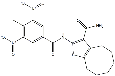 2-[(4-methyl-3,5-dinitrobenzoyl)amino]-4,5,6,7,8,9-hexahydrocycloocta[b]thiophene-3-carboxamide Struktur