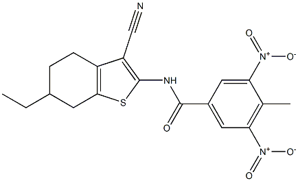 N-(3-cyano-6-ethyl-4,5,6,7-tetrahydro-1-benzothiophen-2-yl)-4-methyl-3,5-dinitrobenzamide Struktur