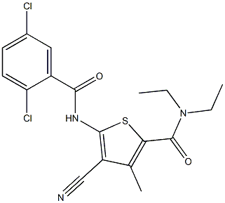 4-cyano-5-[(2,5-dichlorobenzoyl)amino]-N,N-diethyl-3-methylthiophene-2-carboxamide Struktur