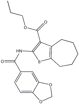 propyl 2-(1,3-benzodioxole-5-carbonylamino)-5,6,7,8-tetrahydro-4H-cyclohepta[b]thiophene-3-carboxylate Struktur