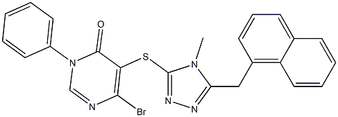 6-bromo-5-[[4-methyl-5-(naphthalen-1-ylmethyl)-1,2,4-triazol-3-yl]sulfanyl]-3-phenylpyrimidin-4-one Struktur