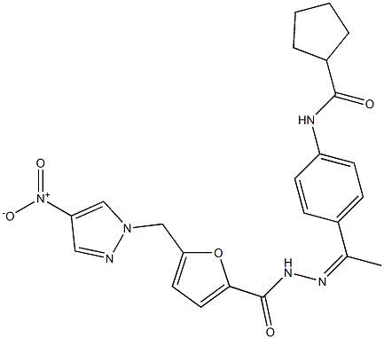 N-[(Z)-1-[4-(cyclopentanecarbonylamino)phenyl]ethylideneamino]-5-[(4-nitropyrazol-1-yl)methyl]furan-2-carboxamide Struktur