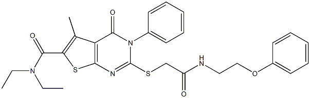 N,N-diethyl-5-methyl-4-oxo-2-[2-oxo-2-(2-phenoxyethylamino)ethyl]sulfanyl-3-phenylthieno[2,3-d]pyrimidine-6-carboxamide Struktur