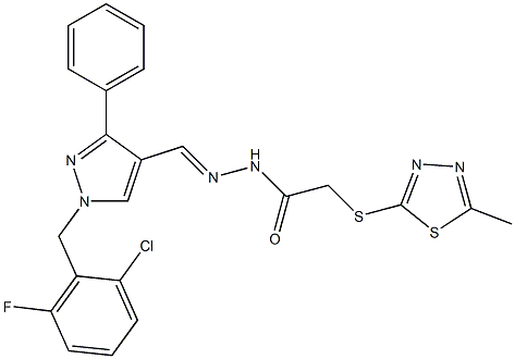 N-[(E)-[1-[(2-chloro-6-fluorophenyl)methyl]-3-phenylpyrazol-4-yl]methylideneamino]-2-[(5-methyl-1,3,4-thiadiazol-2-yl)sulfanyl]acetamide Struktur