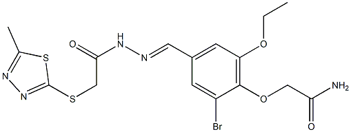 2-[2-bromo-6-ethoxy-4-[(E)-[[2-[(5-methyl-1,3,4-thiadiazol-2-yl)sulfanyl]acetyl]hydrazinylidene]methyl]phenoxy]acetamide Struktur