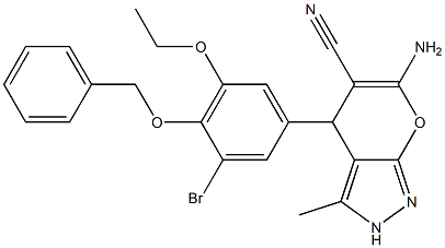 6-amino-4-(3-bromo-5-ethoxy-4-phenylmethoxyphenyl)-3-methyl-2,4-dihydropyrano[2,3-c]pyrazole-5-carbonitrile Struktur