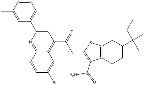 6-bromo-N-[3-carbamoyl-6-(2-methylbutan-2-yl)-4,5,6,7-tetrahydro-1-benzothiophen-2-yl]-2-(3-methylphenyl)quinoline-4-carboxamide Struktur