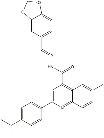 N-[(E)-1,3-benzodioxol-5-ylmethylideneamino]-6-methyl-2-(4-propan-2-ylphenyl)quinoline-4-carboxamide Struktur