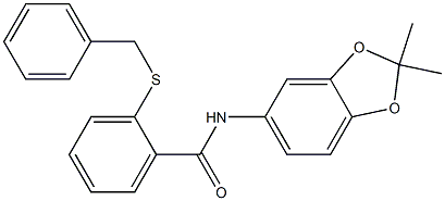 2-benzylsulfanyl-N-(2,2-dimethyl-1,3-benzodioxol-5-yl)benzamide Struktur