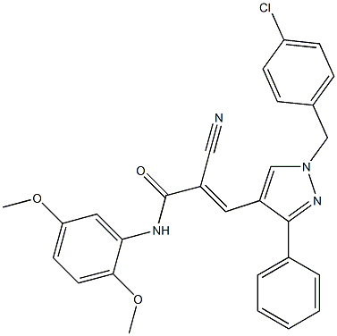 (E)-3-[1-[(4-chlorophenyl)methyl]-3-phenylpyrazol-4-yl]-2-cyano-N-(2,5-dimethoxyphenyl)prop-2-enamide Struktur