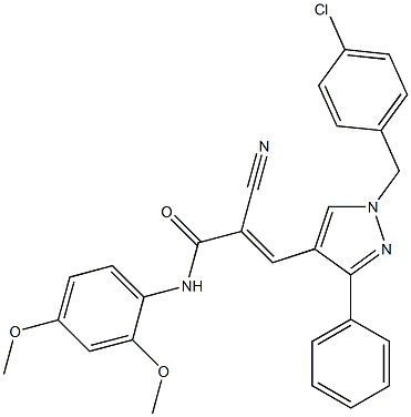 (E)-3-[1-[(4-chlorophenyl)methyl]-3-phenylpyrazol-4-yl]-2-cyano-N-(2,4-dimethoxyphenyl)prop-2-enamide Struktur