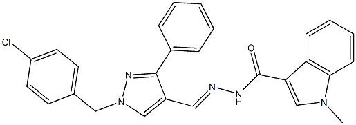 N-[(E)-[1-[(4-chlorophenyl)methyl]-3-phenylpyrazol-4-yl]methylideneamino]-1-methylindole-3-carboxamide Struktur