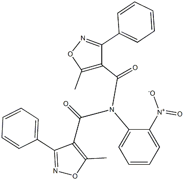 5-methyl-N-(5-methyl-3-phenyl-1,2-oxazole-4-carbonyl)-N-(2-nitrophenyl)-3-phenyl-1,2-oxazole-4-carboxamide Struktur