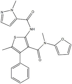 N-[3-(furan-2-ylmethylcarbamoyl)-5-methyl-4-phenylthiophen-2-yl]-2-methylpyrazole-3-carboxamide Struktur