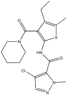 4-chloro-N-[4-ethyl-5-methyl-3-(piperidine-1-carbonyl)thiophen-2-yl]-2-methylpyrazole-3-carboxamide Struktur