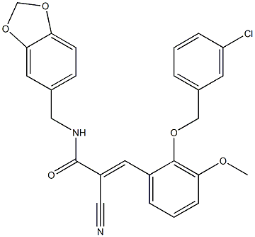 (E)-N-(1,3-benzodioxol-5-ylmethyl)-3-[2-[(3-chlorophenyl)methoxy]-3-methoxyphenyl]-2-cyanoprop-2-enamide Struktur