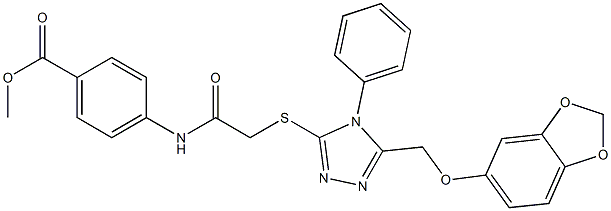 methyl 4-[[2-[[5-(1,3-benzodioxol-5-yloxymethyl)-4-phenyl-1,2,4-triazol-3-yl]sulfanyl]acetyl]amino]benzoate Struktur