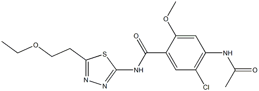 4-acetamido-5-chloro-N-[5-(2-ethoxyethyl)-1,3,4-thiadiazol-2-yl]-2-methoxybenzamide Struktur