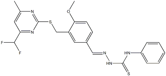 1-[(E)-[3-[[4-(difluoromethyl)-6-methylpyrimidin-2-yl]sulfanylmethyl]-4-methoxyphenyl]methylideneamino]-3-phenylthiourea Struktur