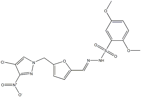 N-[(E)-[5-[(4-chloro-3-nitropyrazol-1-yl)methyl]furan-2-yl]methylideneamino]-2,5-dimethoxybenzenesulfonamide Struktur