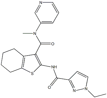 1-ethyl-N-[3-(pyridin-3-ylmethylcarbamoyl)-4,5,6,7-tetrahydro-1-benzothiophen-2-yl]pyrazole-3-carboxamide Struktur