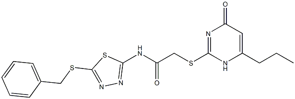 N-(5-benzylsulfanyl-1,3,4-thiadiazol-2-yl)-2-[(4-oxo-6-propyl-1H-pyrimidin-2-yl)sulfanyl]acetamide Struktur