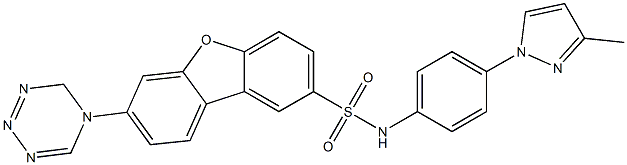 N-[4-(3-methylpyrazol-1-yl)phenyl]-7-(4H-1,2,3,5-tetrazin-5-yl)dibenzofuran-2-sulfonamide Struktur