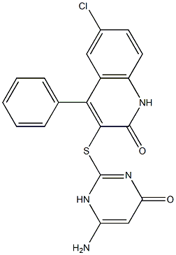 3-[(6-amino-4-oxo-1H-pyrimidin-2-yl)sulfanyl]-6-chloro-4-phenyl-1H-quinolin-2-one Struktur