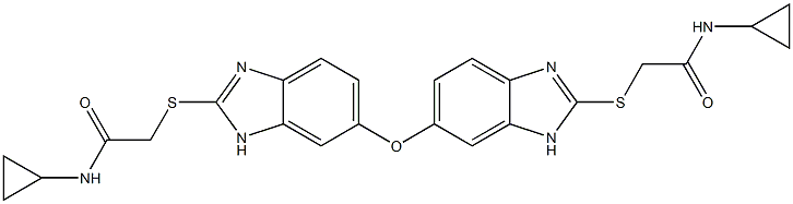 N-cyclopropyl-2-[[6-[[2-[2-(cyclopropylamino)-2-oxoethyl]sulfanyl-3H-benzimidazol-5-yl]oxy]-1H-benzimidazol-2-yl]sulfanyl]acetamide Struktur