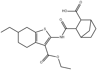 2-[(3-ethoxycarbonyl-6-ethyl-4,5,6,7-tetrahydro-1-benzothiophen-2-yl)carbamoyl]bicyclo[2.2.1]heptane-3-carboxylic acid Struktur