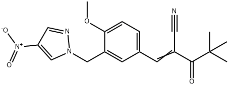 (2E)-2-[[4-methoxy-3-[(4-nitropyrazol-1-yl)methyl]phenyl]methylidene]-4,4-dimethyl-3-oxopentanenitrile Struktur