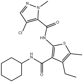 4-chloro-N-[3-(cyclohexylcarbamoyl)-4-ethyl-5-methylthiophen-2-yl]-2-methylpyrazole-3-carboxamide Struktur