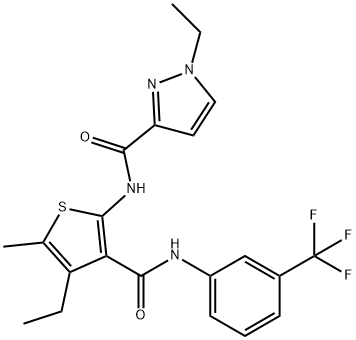 1-ethyl-N-[4-ethyl-5-methyl-3-[[3-(trifluoromethyl)phenyl]carbamoyl]thiophen-2-yl]pyrazole-3-carboxamide Struktur