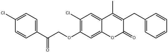 3-benzyl-6-chloro-7-[2-(4-chlorophenyl)-2-oxoethoxy]-4-methylchromen-2-one Struktur